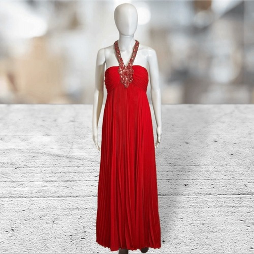 Jovani Accordion Pleated Empire Waist Red Jeweled Neckline Hollywood Glam Gown S